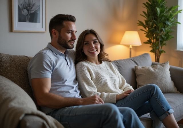 Een man en vrouw genieten van een ontspannen gesprek op een bank. Een man en vrouw genieten van een ontspannen gesprek op een bank