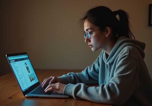 Een vrouw in een hoodie werkt geconcentreerd achter haar laptop.