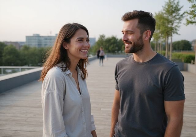 Een vrouw en man hebben een speelse conversatie op een terras. Een vrouw en man hebben een speelse conversatie op een terras