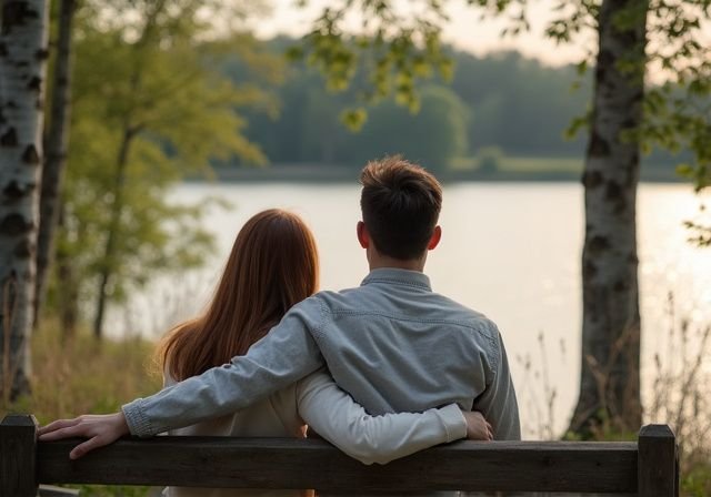 Een stel zit op een houten bank aan een serene vijver. Een stel zit op een houten bank aan een serene vijver