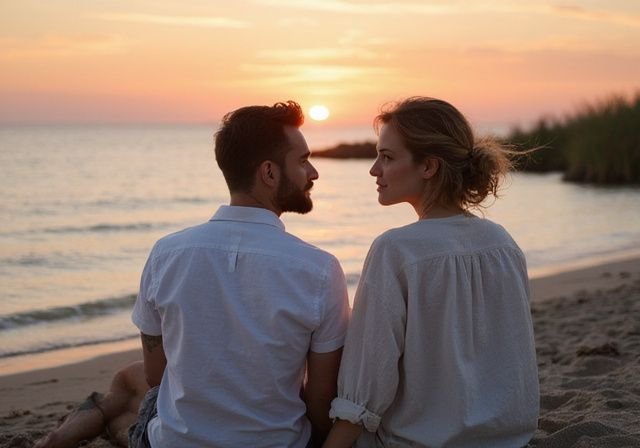 Een man en vrouw zitten ontspannen op het strand en converseren. Een man en vrouw zitten ontspannen op het strand voor Sexcontact in Flevoland
