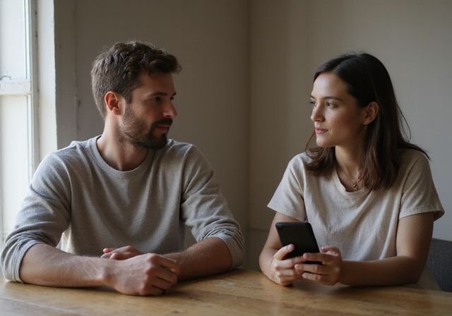 Twee volwassenen voeren een rustige conversatie in een bescheiden ruimte. Twee volwassenen voeren een rustige conversatie in een bescheiden ruimte
