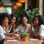Een groep vrouwen bespreekt vrolijk aan een houten tafel in een café
