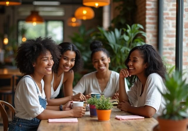 Een groep vrouwen bespreekt vrolijk aan een houten tafel in een café