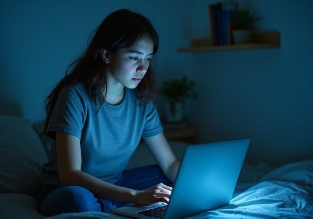 Een tienermeisje zit ontspannen op bed met een laptop.