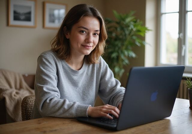 Een jonge vrouw glimlacht terwijl ze geconcentreerd naar haar laptop kijkt.