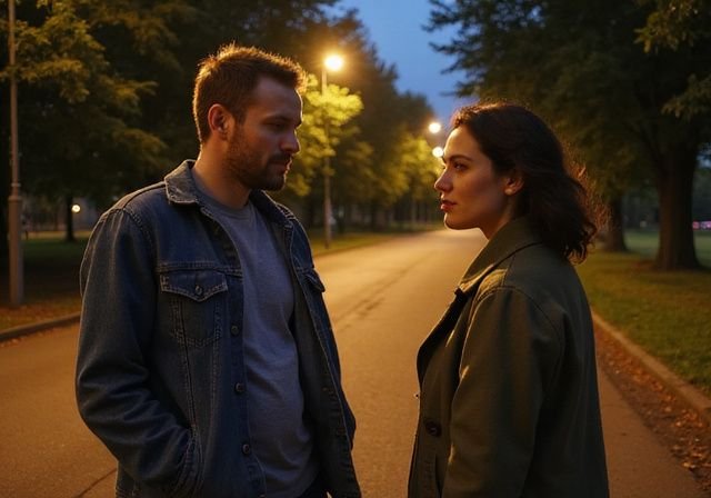 Een man en vrouw staan naast een smal pad in het park.