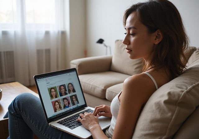 Een vrouw zit ontspannen op de bank terwijl ze op haar laptop werkt.