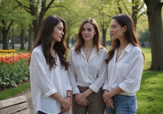 Een groep vrouwen geniet van een ontspannen moment in een park tijdens Aziatische vrouwen dating