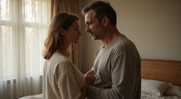 Een middel ouder koppel staat innig samen in een slaapkamer.