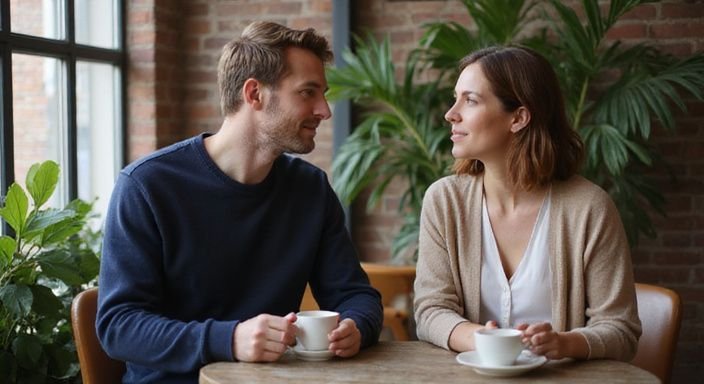 Een man en vrouw overleggen samen aan een tafel in een koffiehuis.