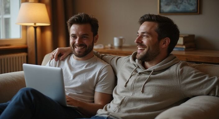 Twee mannen lachen samen op een bank in een gezellige woonkamer en genieten van homo gay sexcontact