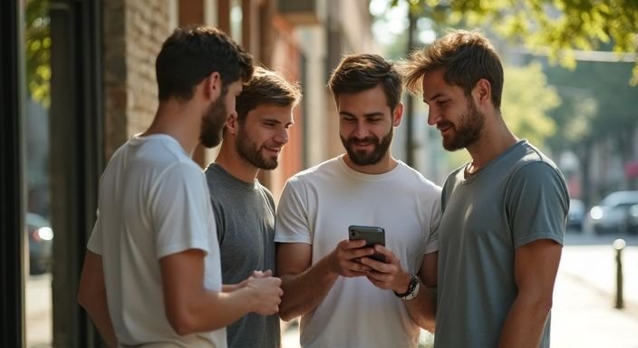 Groep jonge mannen op straat, levendig in gesprek met smartphone op zoek naar homo gay sexcontact