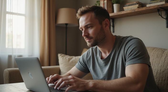 Een man werkt geconcentreerd aan zijn laptop in een gezellige kamer