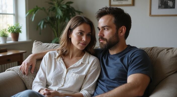 Een intieme momentopname van een ontspannen koppel op de bank. Een intieme momentopname van een ontspannen koppel op de bank