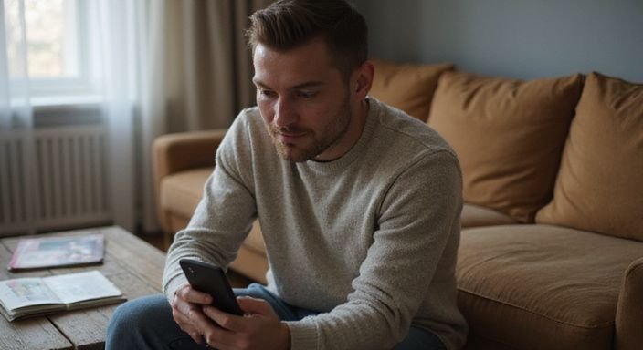 Een jonge volwassene scrollt door online datingprofielen op een smartphone. Een jonge volwassene scrollt door online datingprofielen op een smartphone