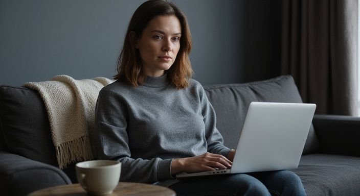 Een vrouw in een grijze trui zit op een moderne bank.