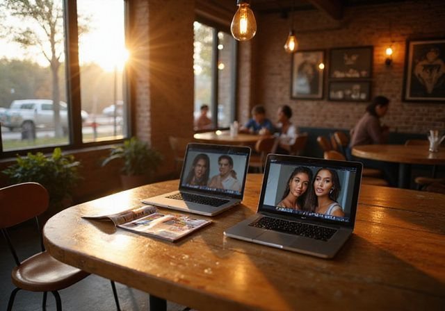 Een gezellige café-interieur met tijdschriften en laptops voor Donkere vrouwen dating