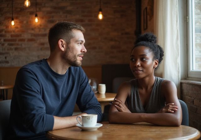 Twee mensen delen een ontspannen gesprek aan een houten tafel.