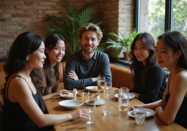 Een man en vrouwen delen een gezellige gesprek aan tafel tijdesn Aziatische vrouwen dating.