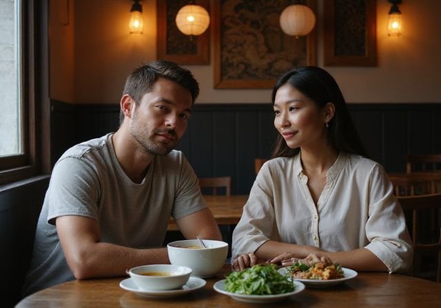 Een koppel geniet van Vietnamees eten in een gezellig restaurant en doen aan Aziatische vrouwen dating.