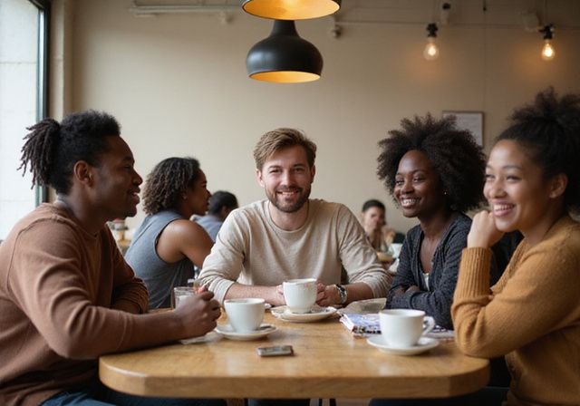 Vrienden delen een intieme en gezellige moment in een café.