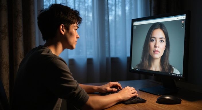 Een persoon zit gefocust achter een houten bureau met een computer. Een persoon zit gefocust achter een houten bureau met een computer voor webcamsex in Vlaanderen