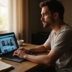 Een persoon werkt geconcentreerd aan een laptop achter een houten bureau en zoekt naar webcamsex in Vlaanderen