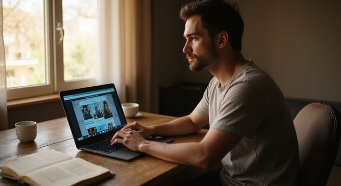 Een persoon werkt geconcentreerd aan een laptop achter een houten bureau en zoekt naar webcamsex in Vlaanderen