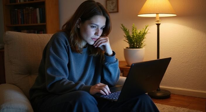 Vrouw in sweatshirt en jeans zit ontspannen met laptop in slaapkamer. Vrouw in sweatshirt en jeans zit ontspannen met laptop in slaapkamer