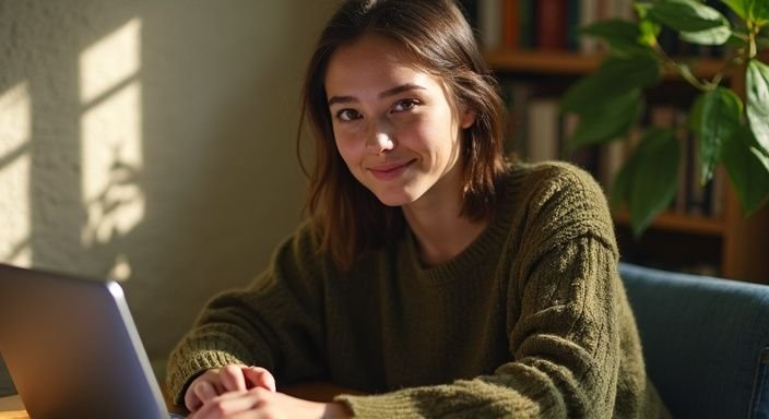 Een jonge vrouw werkt ontspannen aan een laptop aan een bureau. Een jonge vrouw werkt ontspannen aan een laptop aan een bureau tijdens webcamsex in Vlaanderen