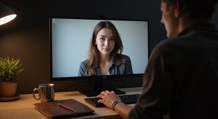 Een vrouw in een webcamchat, geconcentreerd en professioneel. Een vrouw in een webcamchat, geconcentreerd en professioneel