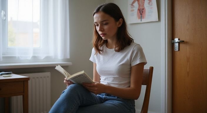 Een tienermeisje leest aandachtig een boekje over seksuele gezondheid. Een tienermeisje leest aandachtig een boekje over seksuele gezondheid