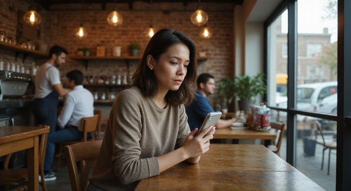 Een jonge vrouw kijkt nerveus op haar smartphone in een café. Een jonge vrouw kijkt nerveus op haar smartphone in een café