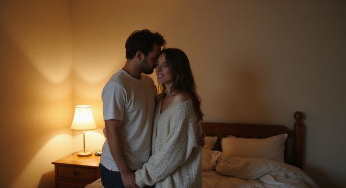 Een man fluistert naar een vrouw in een gezellige slaapkamer