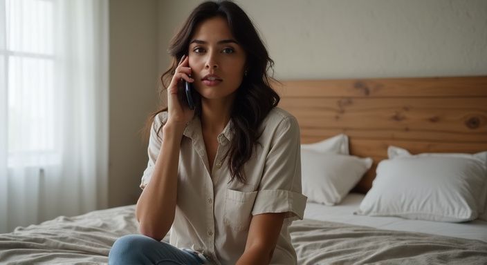 Een vrouw zit ontspannen op bed en spreekt met een smartphone