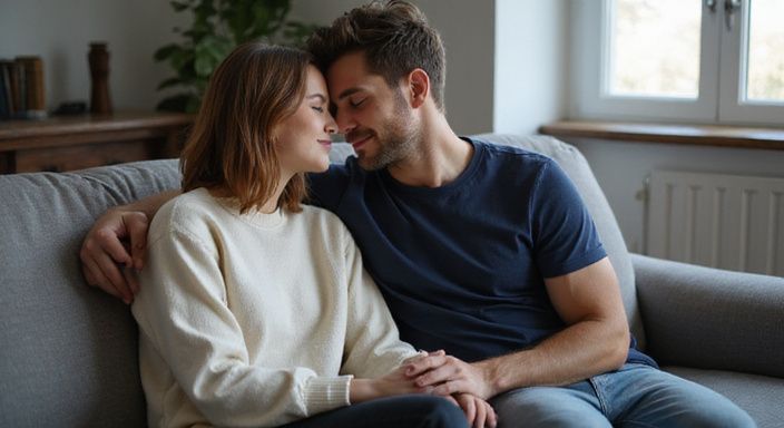 Een jong stel deelt een intiem moment op een bank