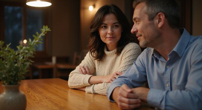 Een vrouw en man delen een intiem gesprek aan tafel