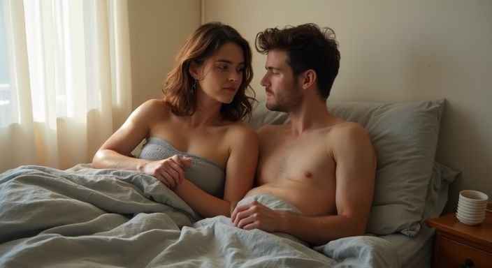 Een vrouw en man zitten intiem op een bed in gesprek