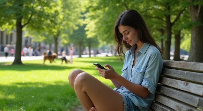 Een jonge volwassene glimlacht terwijl hij een datingapp op zijn telefoon bekijkt. Een jonge volwassene glimlacht terwijl hij een datingapp op zijn telefoon bekijkt