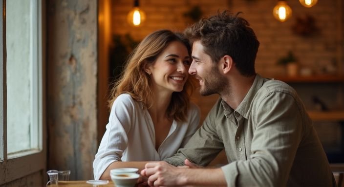 Een jong stel geniet van elkaar in een knusse café. Een jong stel geniet van elkaar in een knusse café
