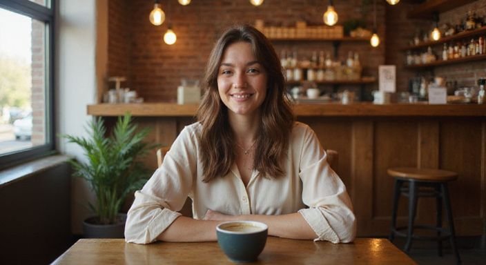 Een jonge vrouw glimlacht aan een houten tafel in een café. Een jonge vrouw glimlacht aan een houten tafel in een café