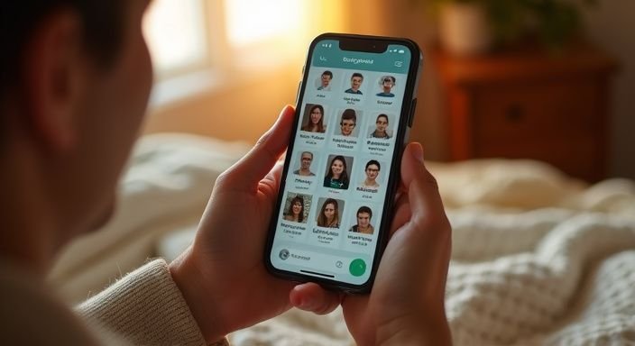 Een persoon bekijkt een datingapp op hun smartphone in bed. Een persoon bekijkt een datingapp op hun smartphone in bed
