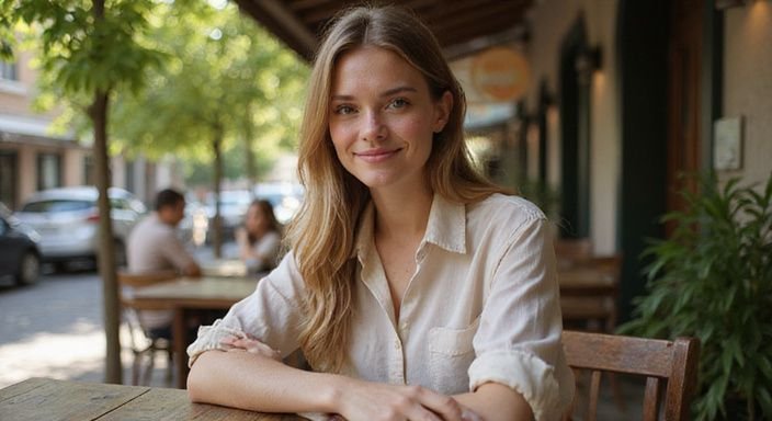 Een jonge vrouw zit ontspannen aan een houten café tafel. Een jonge vrouw zit ontspannen aan een houten café tafel