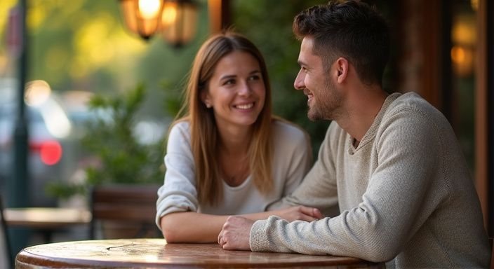 Een vrouw en man genieten van een intiem gesprek in een café. Een vrouw en man genieten van een intiem gesprek in een café