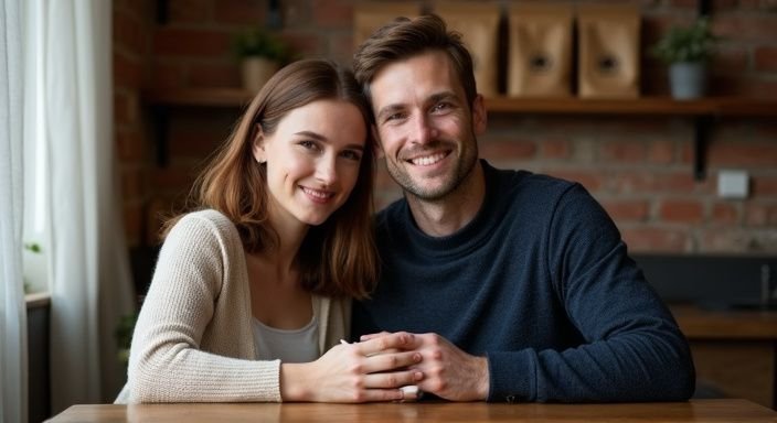 Een jong stel geniet van elkaars gezelschap in een café. Een jong stel geniet van elkaars gezelschap in een café