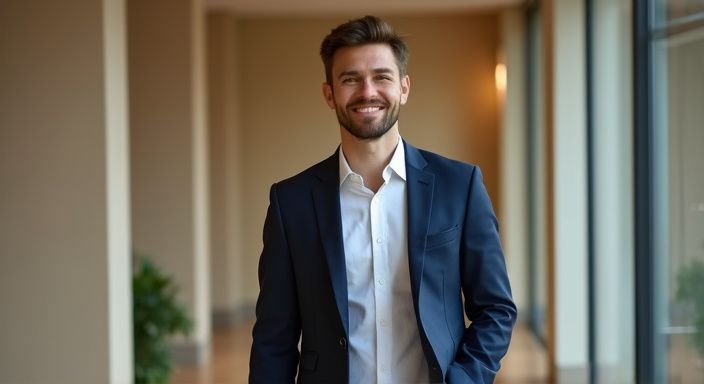 Een zelfverzekerde persoon in een nette outfit wandelt door een kantoor. Een zelfverzekerde persoon in een nette outfit wandelt door een kantoor