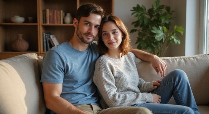 Een jong stel zit comfortabel op een beige bank in hun woonkamer