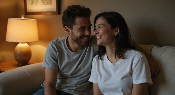 Een jongeman en vrouw lachen samen op een comfortabele bank