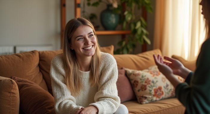 Vrouw in comfy trui, genietend van een intiem gesprek met vriendin. Vrouw in comfy trui, genietend van een intiem gesprek met vriendin